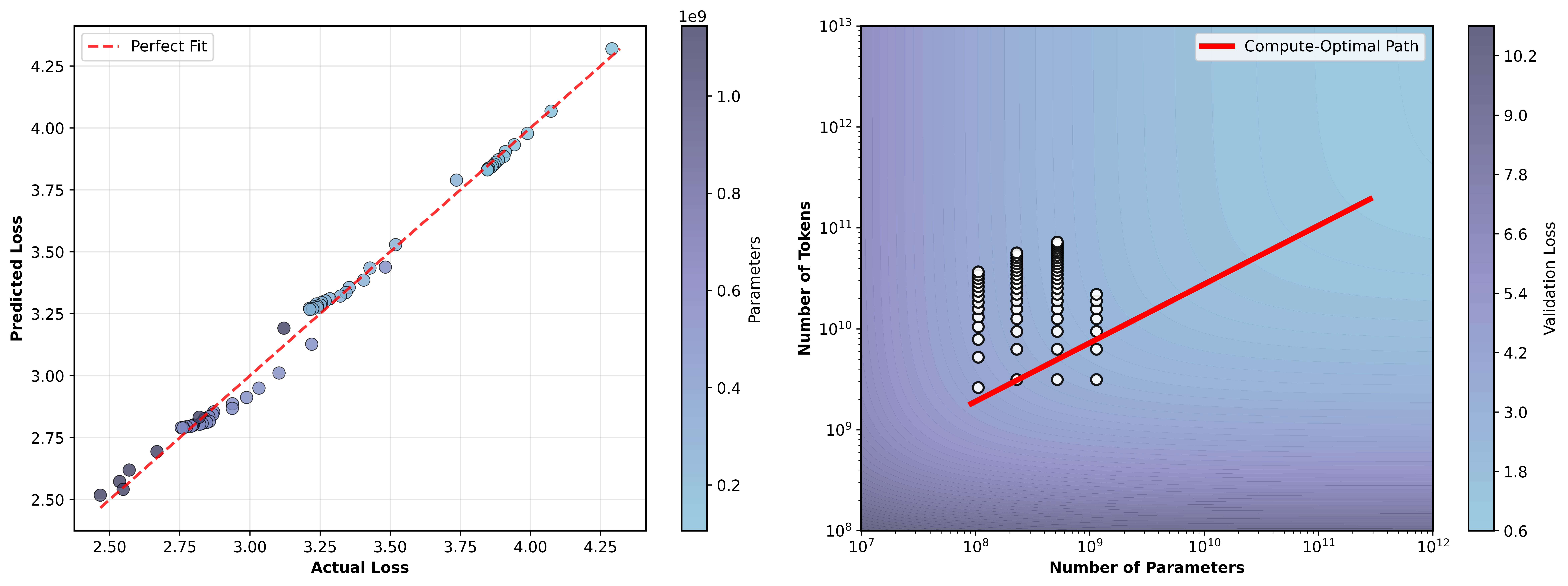 Predicted versus observed validation loss and a fitted loss surface over model parameters and training tokens.