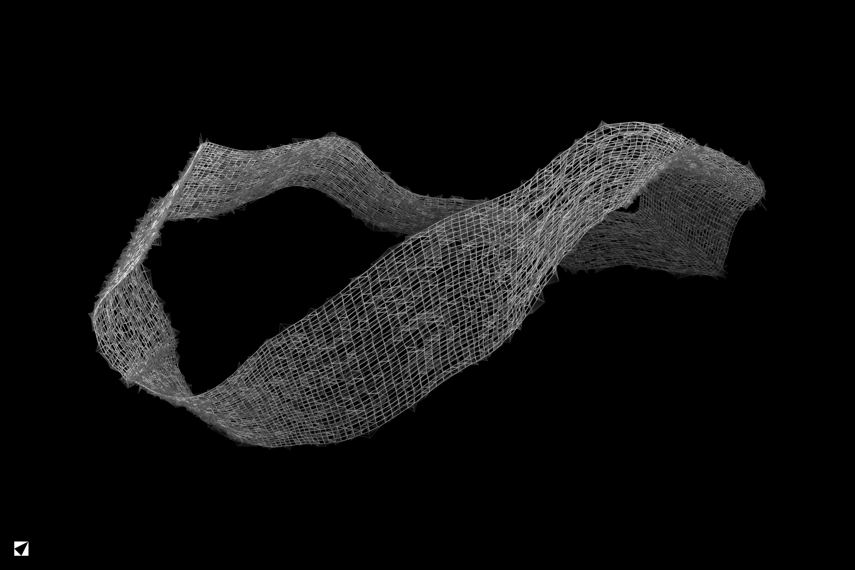 A folded, looping wireframe surface drawn in fine silver lines.